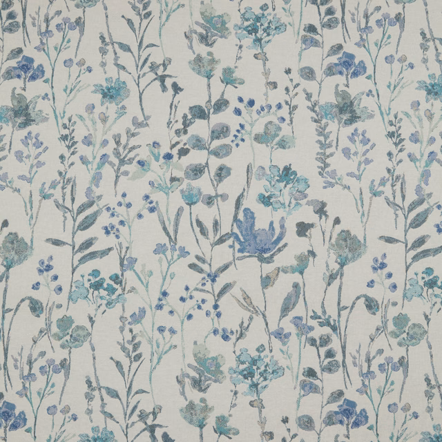 Pale botanical cotton fabric with cobalt and teal meadow stems