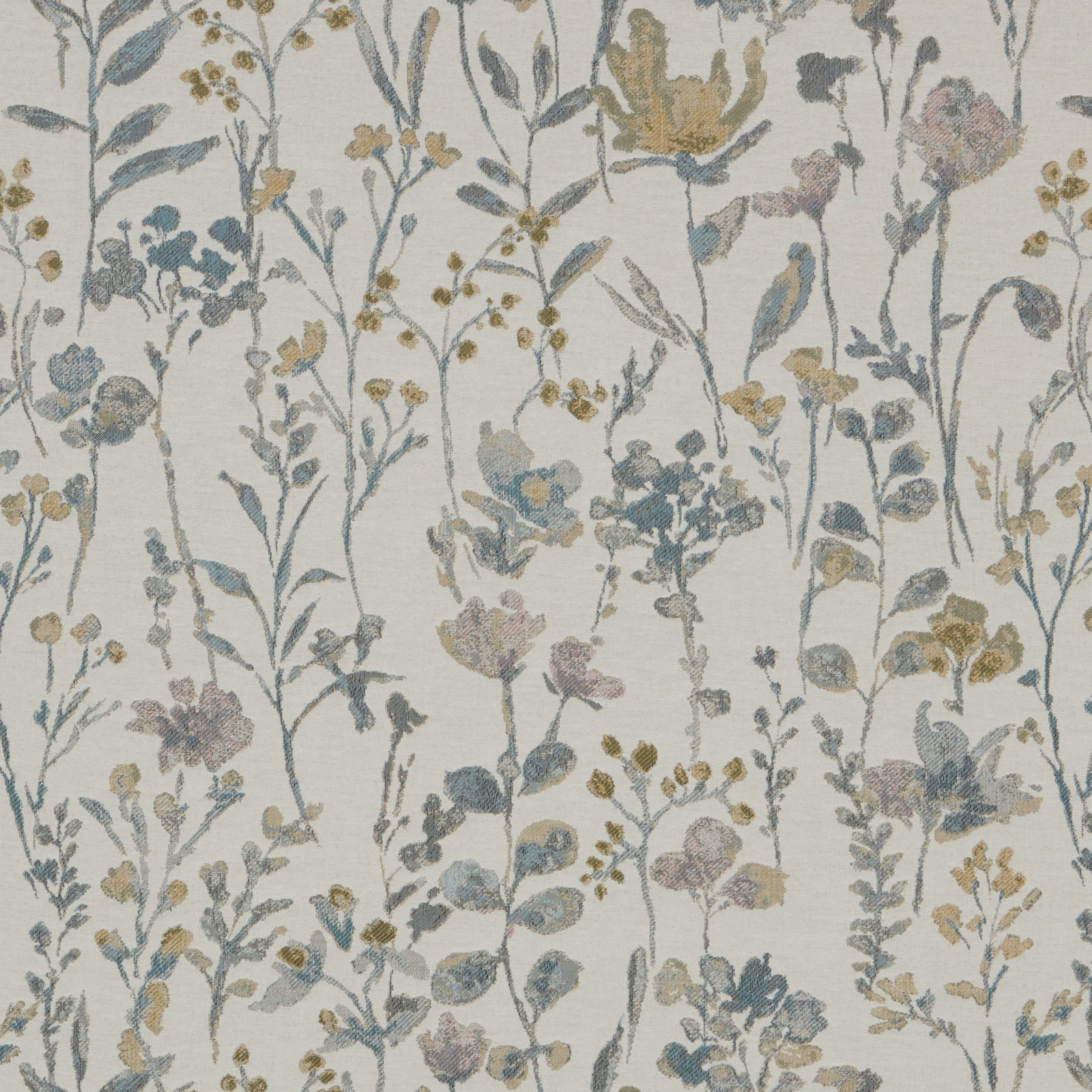 Cream cotton fabric with delicate cornflower blue meadow stems and small floral sprigs