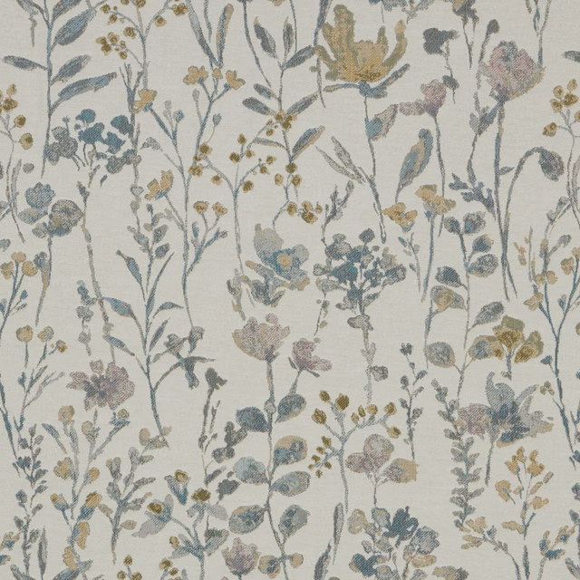 Cream cotton fabric with delicate cornflower blue meadow stems and small floral sprigs
