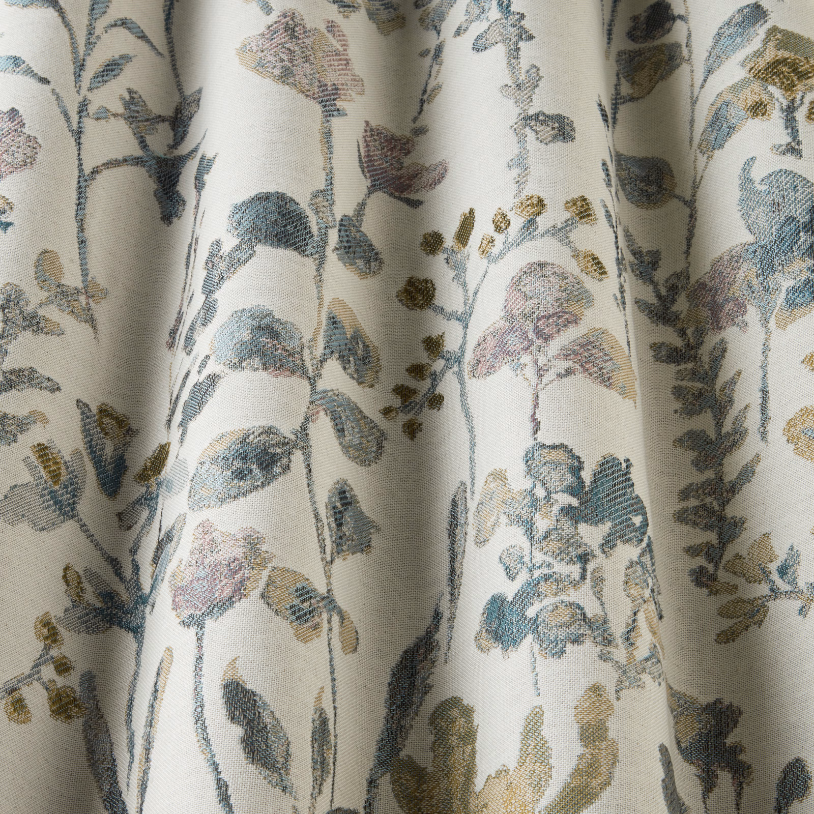 Cream cotton fabric with soft cornflower botanical stems and meadow leaves