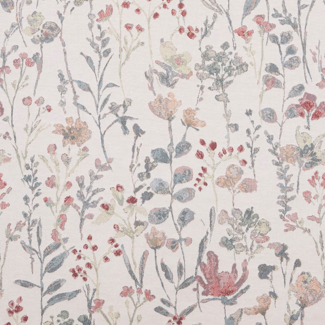 Pastel botanical cotton fabric with eucalyptus stems, blush flowers and ivory ground