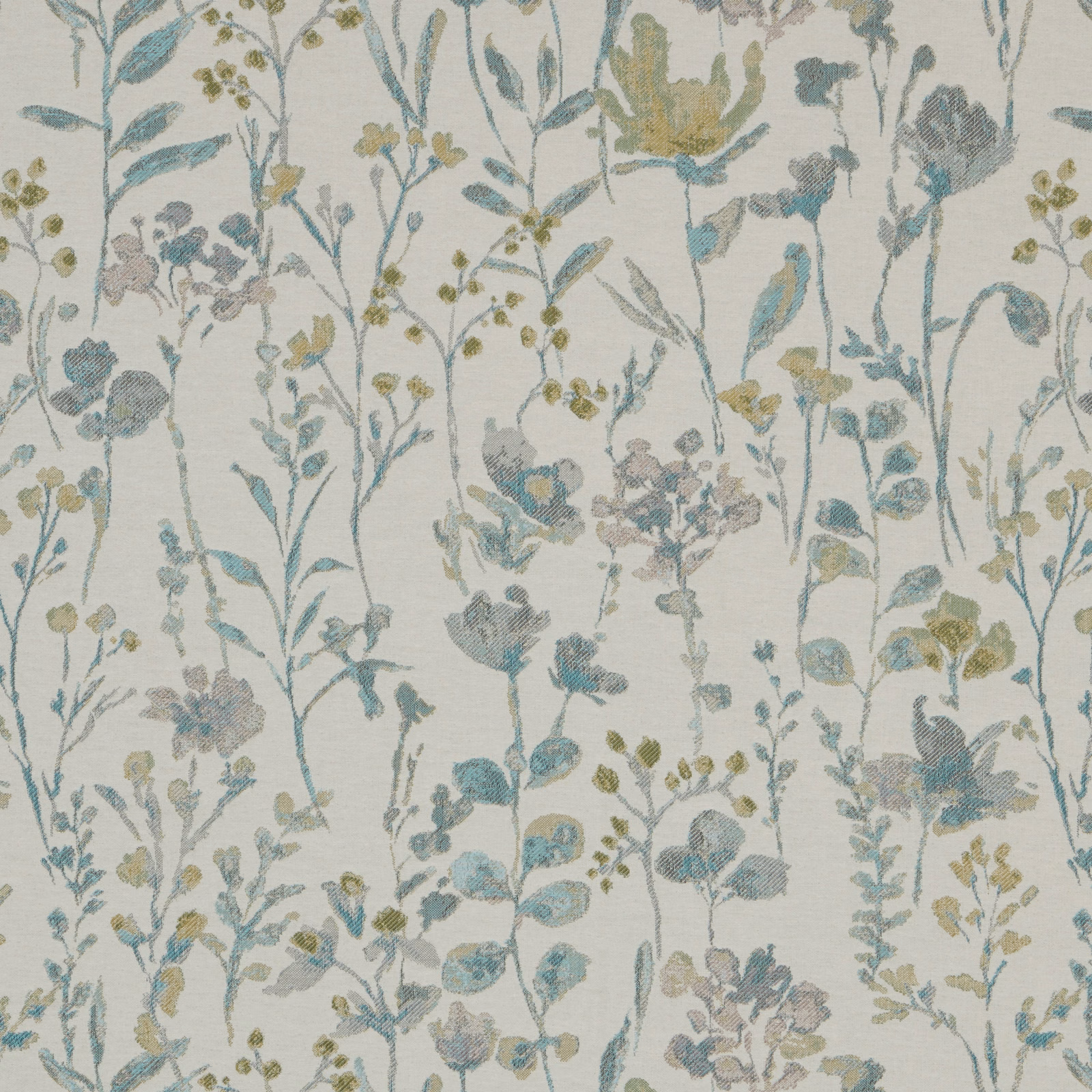 Floral cotton fabric with jade stems, muted blue blossoms and pale ground