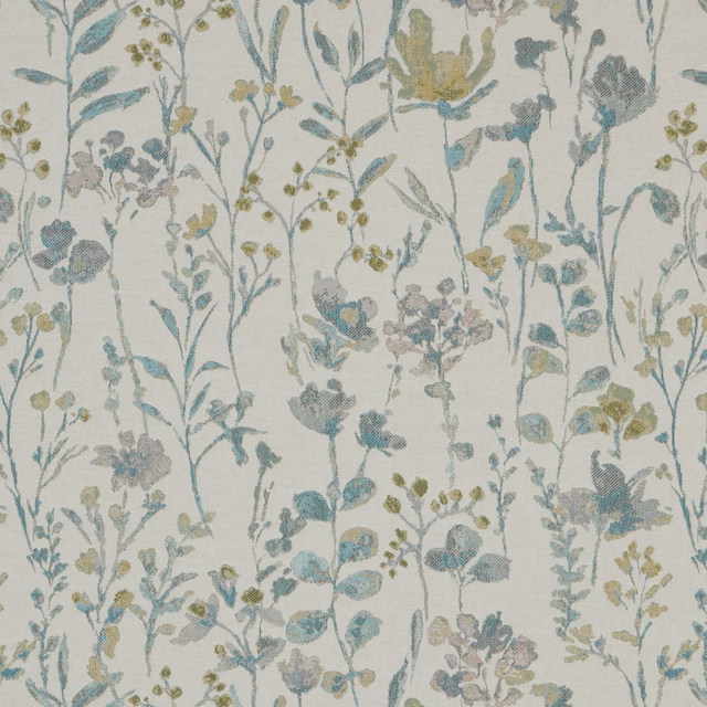 Floral cotton fabric with jade stems, muted blue blossoms and pale ground
