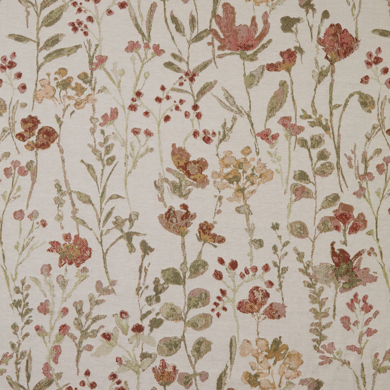 Ivory cotton fabric with scattered rosewood and sage floral stems