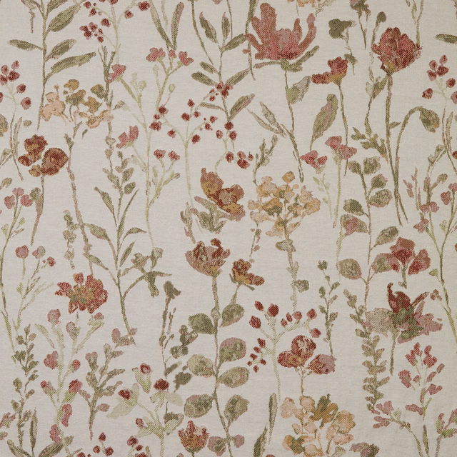 Ivory cotton fabric with scattered rosewood and sage floral stems