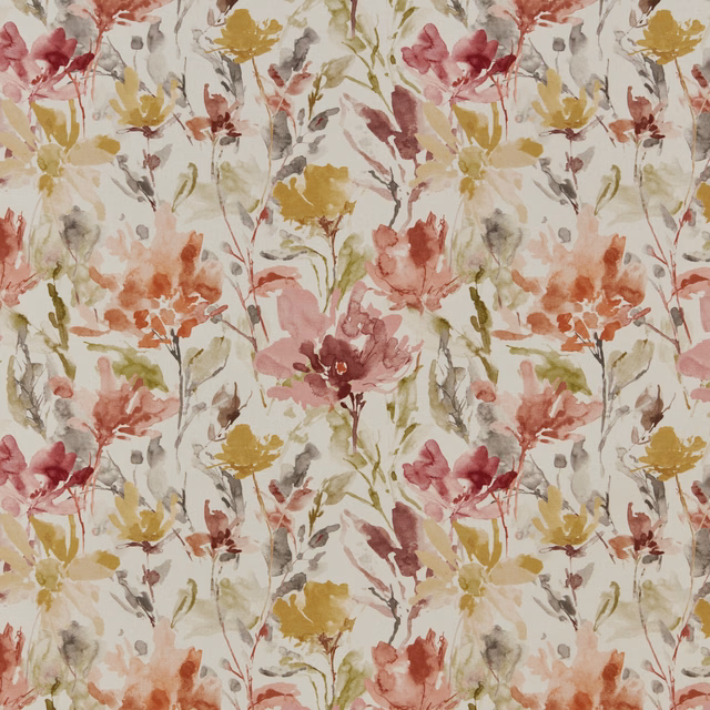 Painterly pink, coral and mustard floral cotton fabric on a pale ground