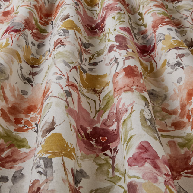 Painterly rosewood pink floral cotton fabric with olive and mustard accents on ivory