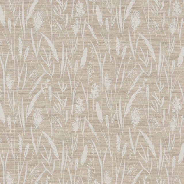 Barley beige cotton fabric with white meadow grasses and reeds