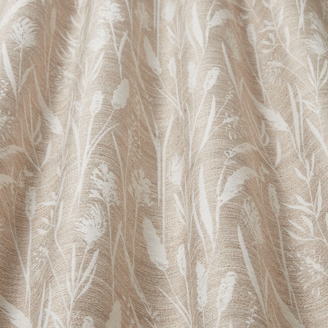Barley beige botanical fabric with pale leaf silhouettes and a soft woven texture
