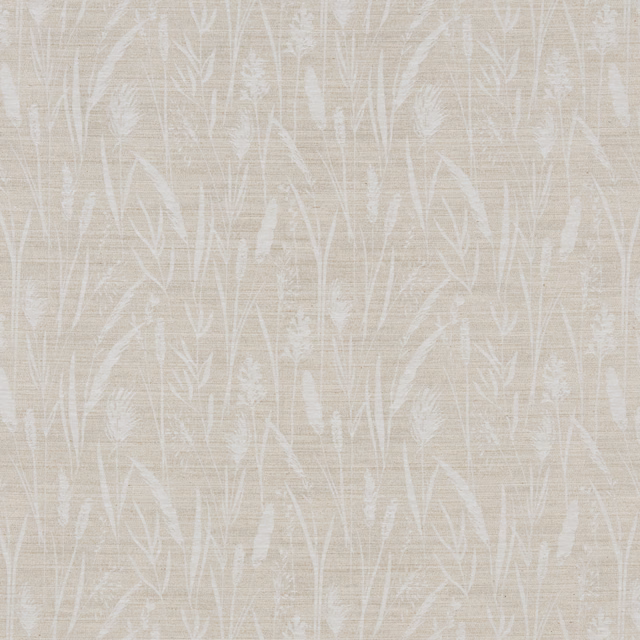 Pale botanical cotton fabric with ivory grasses on a warm clay ground