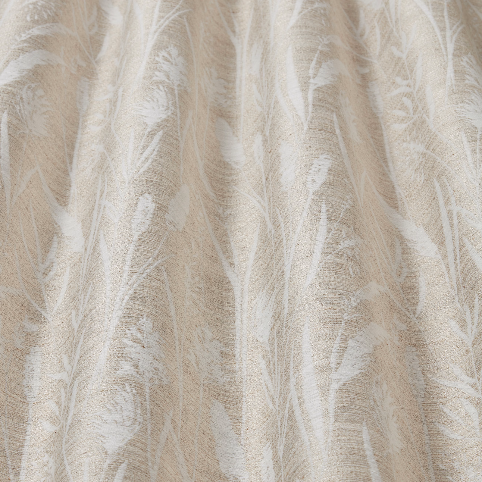 Soft clay beige cotton fabric with large white leaf-like wavy pattern