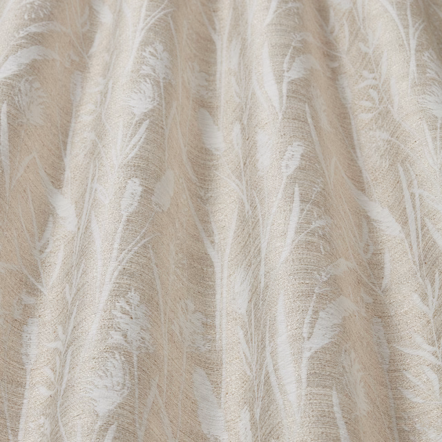 Soft clay beige cotton fabric with large white leaf-like wavy pattern