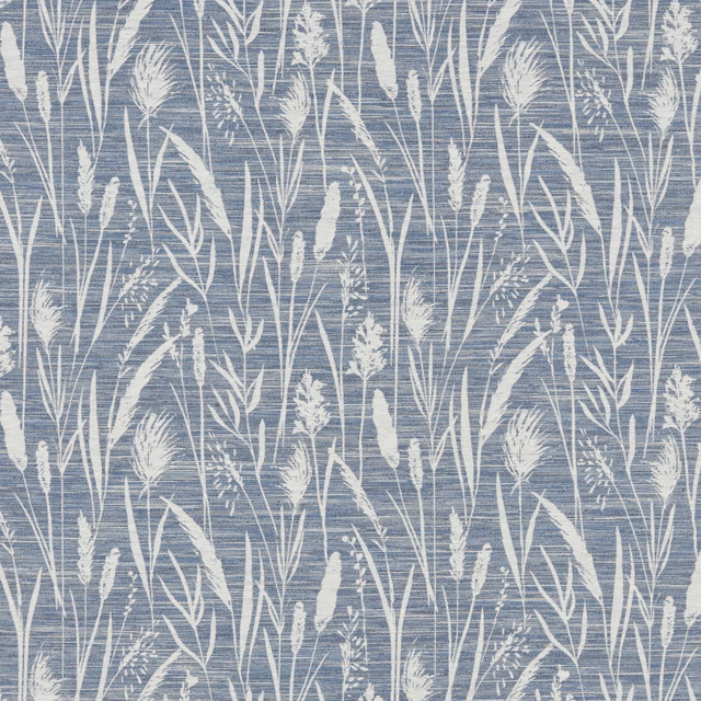 Cobalt blue cotton fabric with white meadow grasses and fine horizontal weave