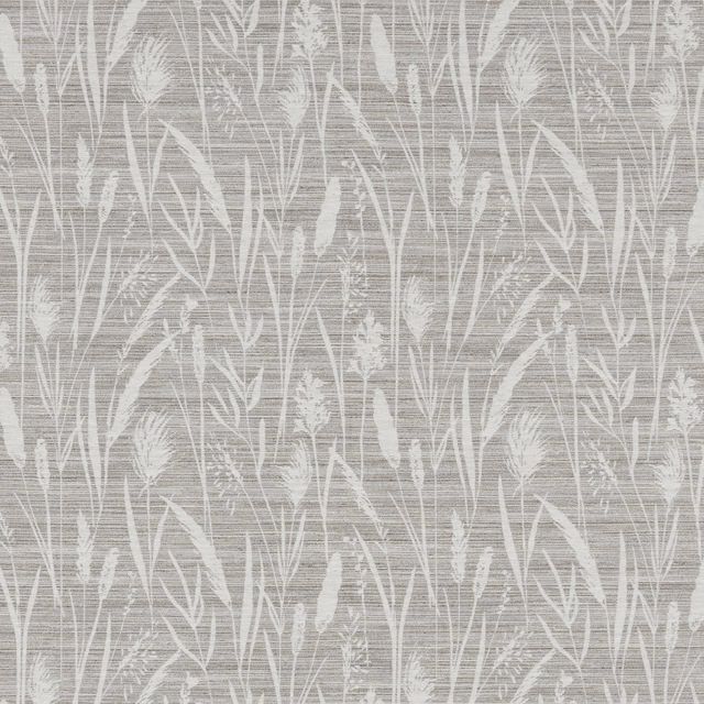 Soft dove grey cotton fabric with tall meadow grass and seed head motif