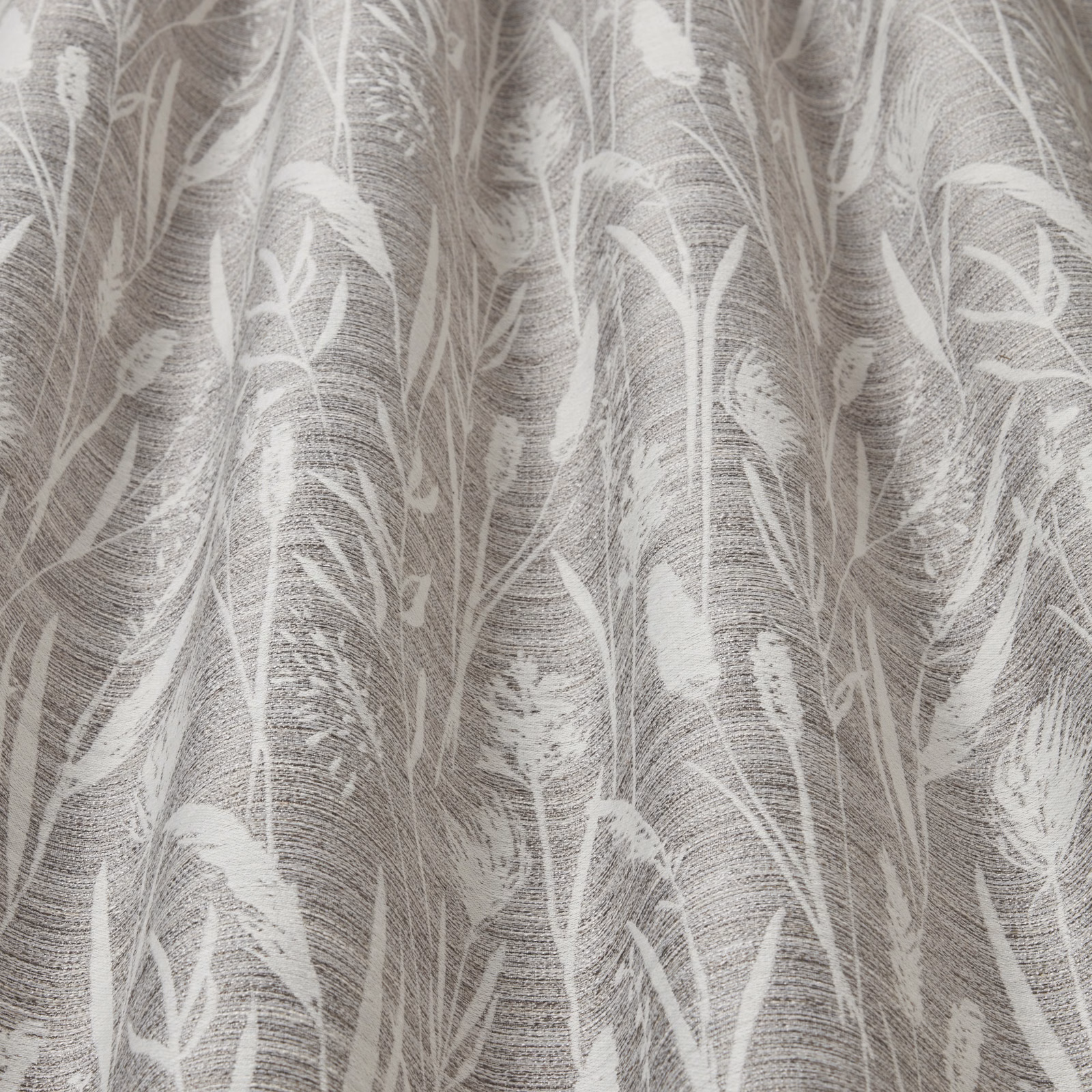 Dove grey botanical cotton fabric with white sea-grass leaf pattern