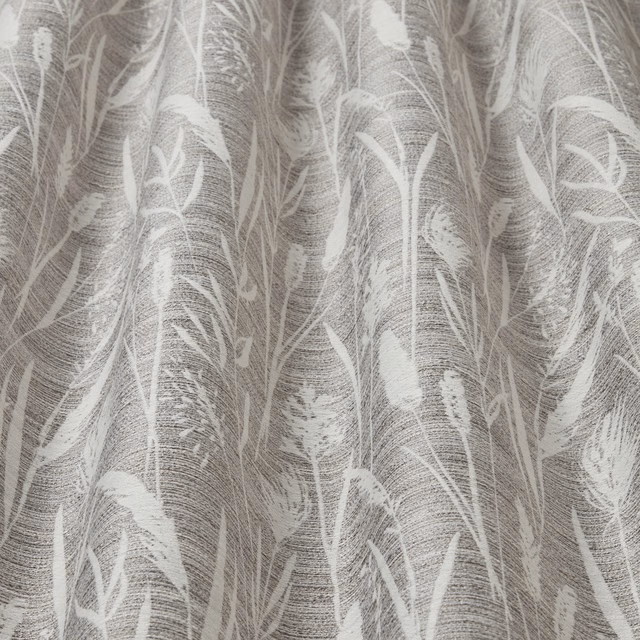 Dove grey botanical cotton fabric with white sea-grass leaf pattern