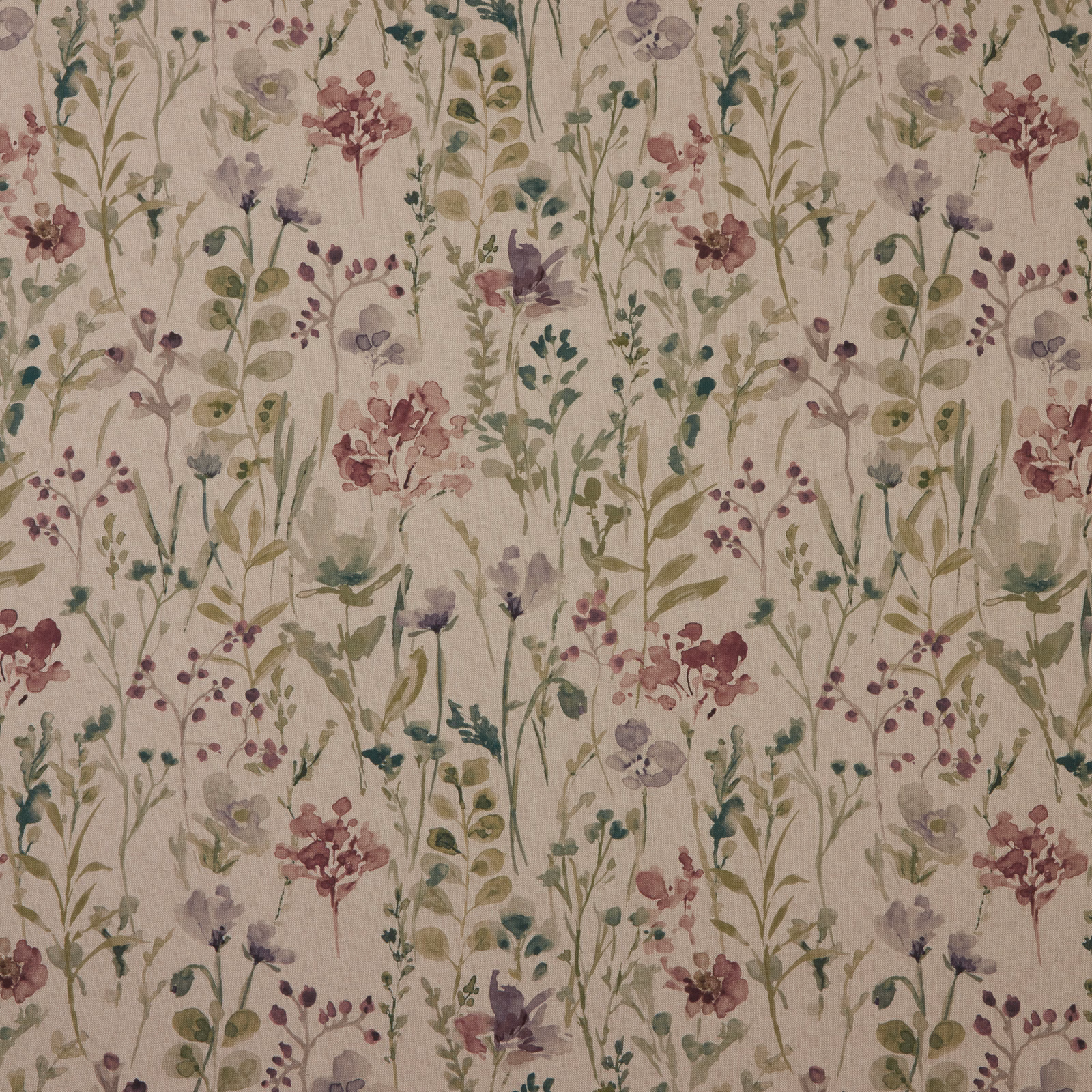 Painterly meadow floral fabric with eucalyptus stems, blush blooms and lilac accents on a cream ground