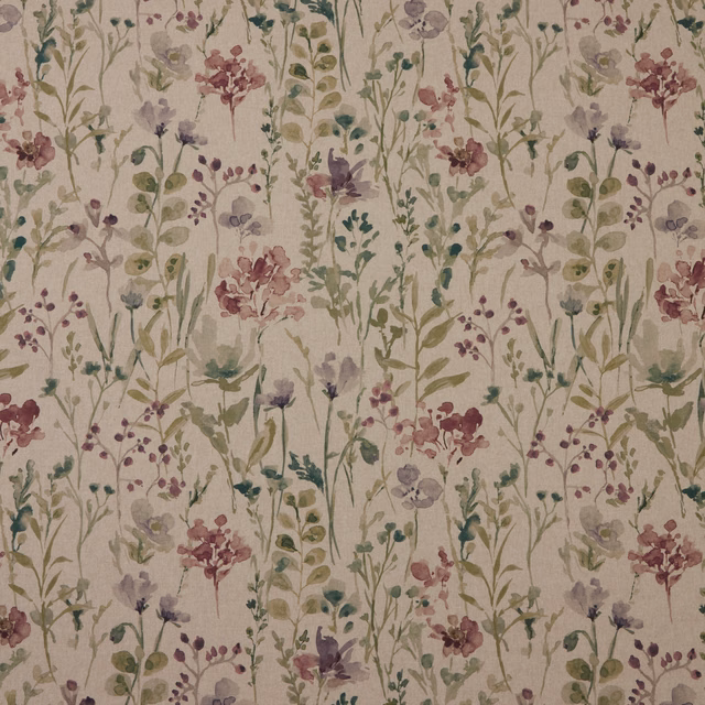 Painterly meadow floral fabric with eucalyptus stems, blush blooms and lilac accents on a cream ground