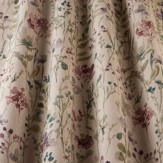 Cream ground floral cotton with eucalyptus green stems and lilac-pink meadow flowers