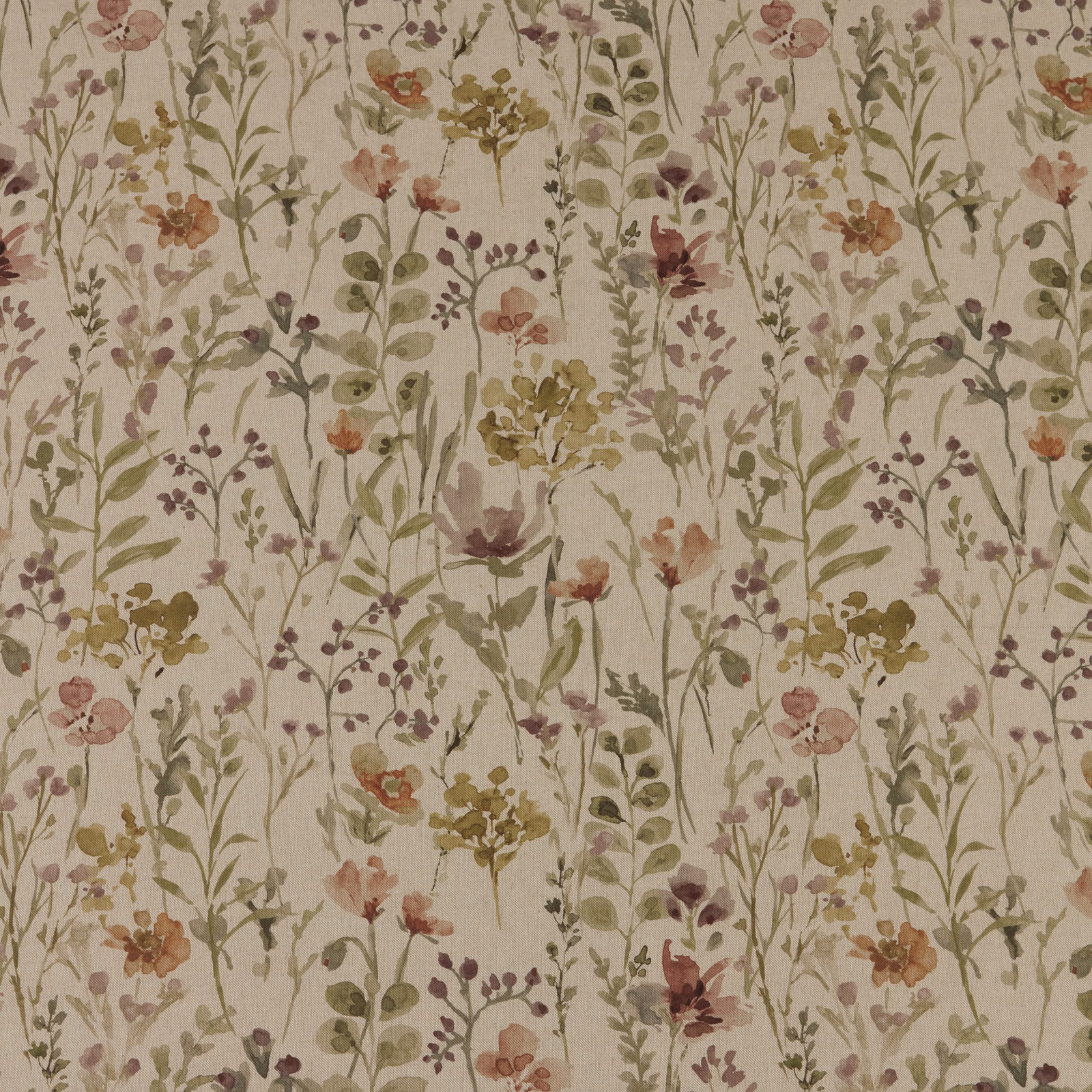 Painterly wildflower print in rosewood, blush, sage and ochre on a cream ground