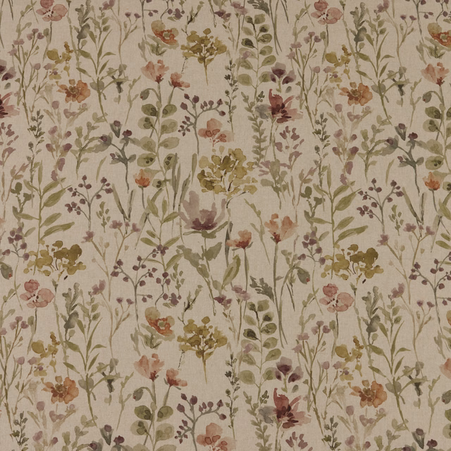 Painterly wildflower print in rosewood, blush, sage and ochre on a cream ground