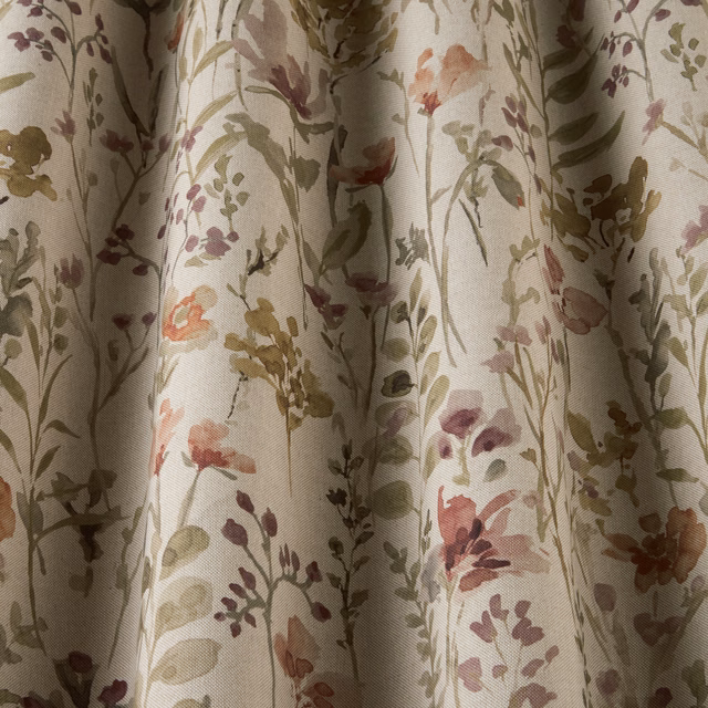 Cream cotton fabric with painterly rosewood and olive wildflower print