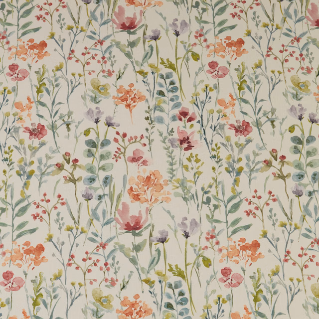 Watercolour wildflower print in clementine, pink, sage and lilac on ivory cotton