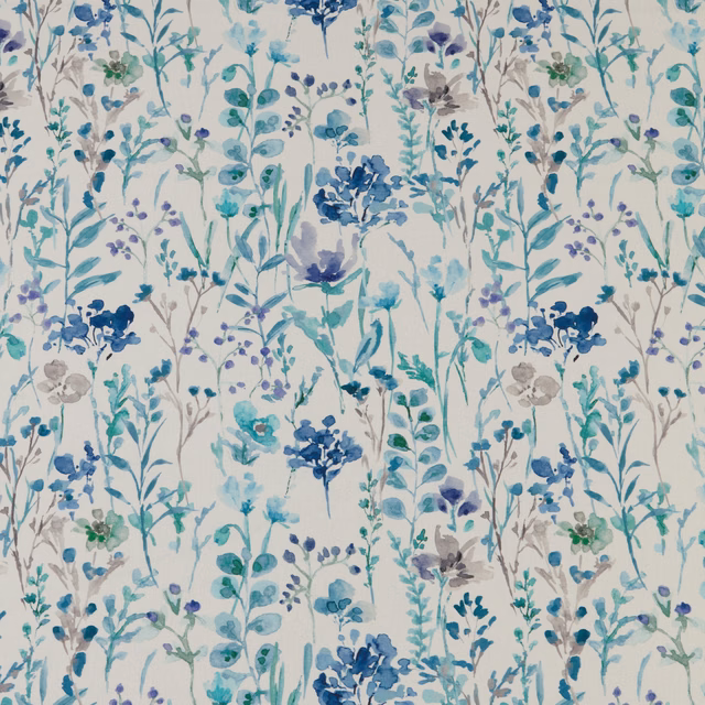 Watercolour meadow floral fabric with cobalt blue, aqua and lilac stems on a pale ground