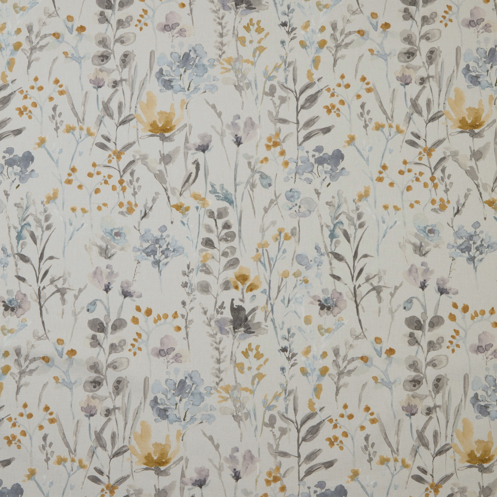 Painterly wildflower cotton fabric with cornflower blue, lilac and ochre stems on ivory