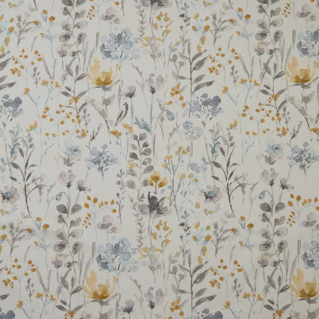 Painterly wildflower cotton fabric with cornflower blue, lilac and ochre stems on ivory