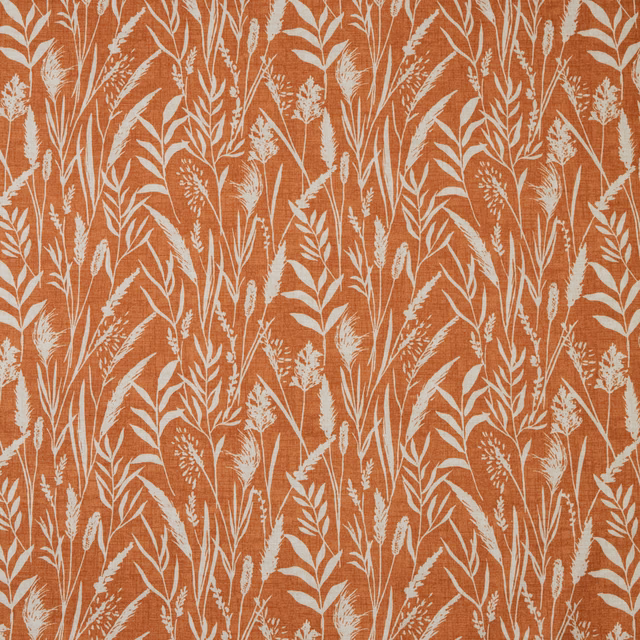 Clementine orange cotton fabric with ivory wild grass botanical print