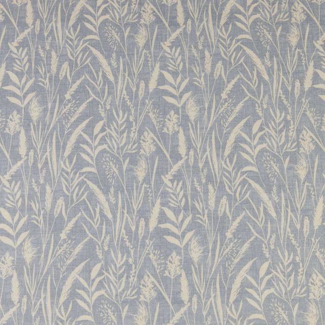 Cornflower blue cotton fabric with creamy wild grass and seed head print