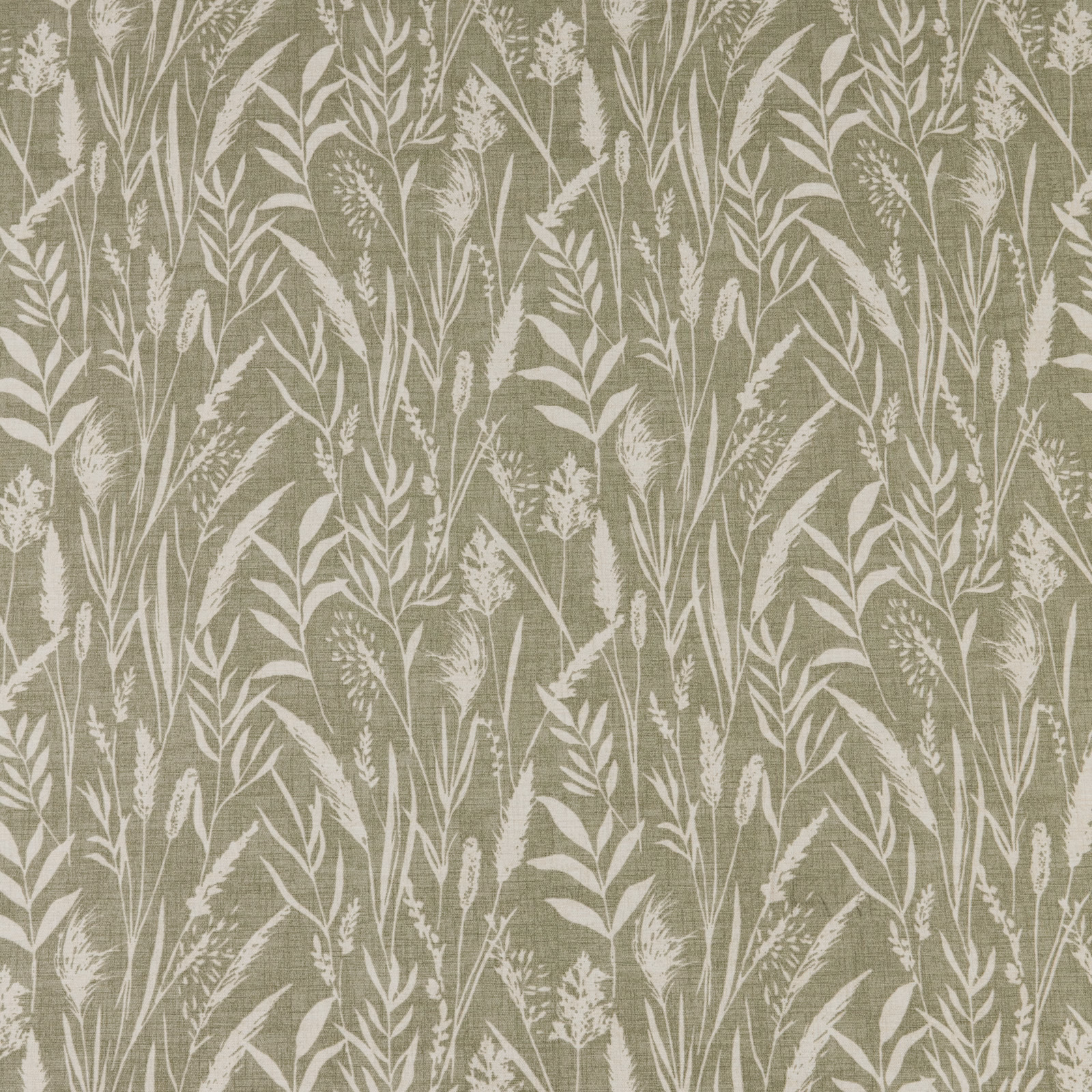 Soft moss-green botanical fabric with white wild grass and leaf motifs