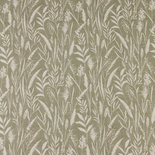 Soft moss-green botanical fabric with white wild grass and leaf motifs