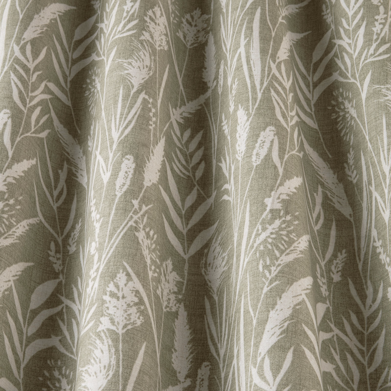 Sage-olive botanical cotton fabric with cream wild grass stems and seed heads