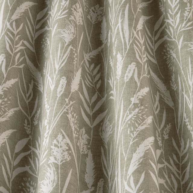 Sage-olive botanical cotton fabric with cream wild grass stems and seed heads