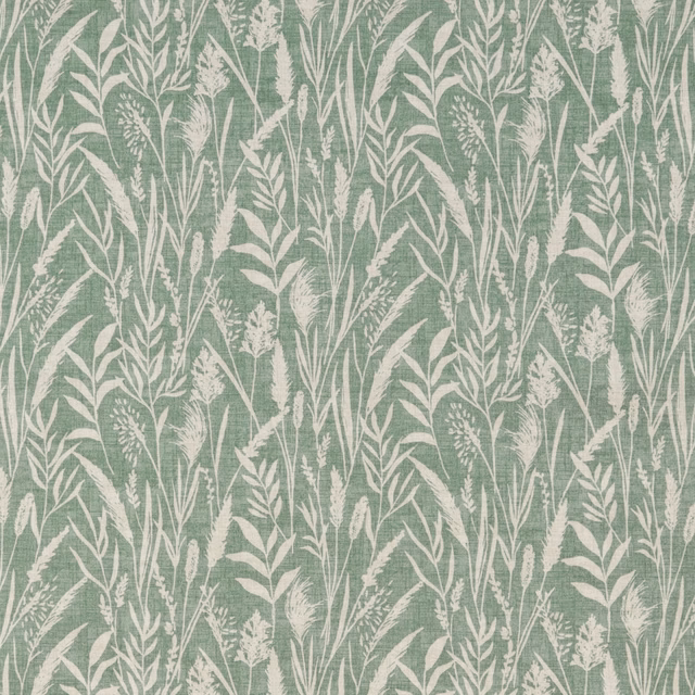 Jade green cotton fabric with cream wild grass botanical print