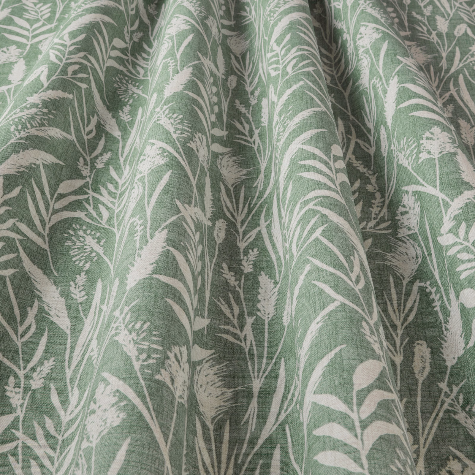 Jade green cotton fabric with white wild grass botanical print