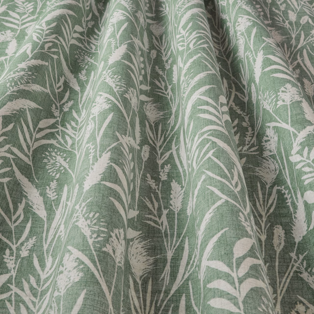 Jade green cotton fabric with white wild grass botanical print