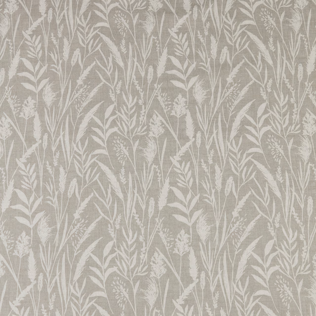 Pebble taupe cotton fabric with pale wild grass and seedhead print