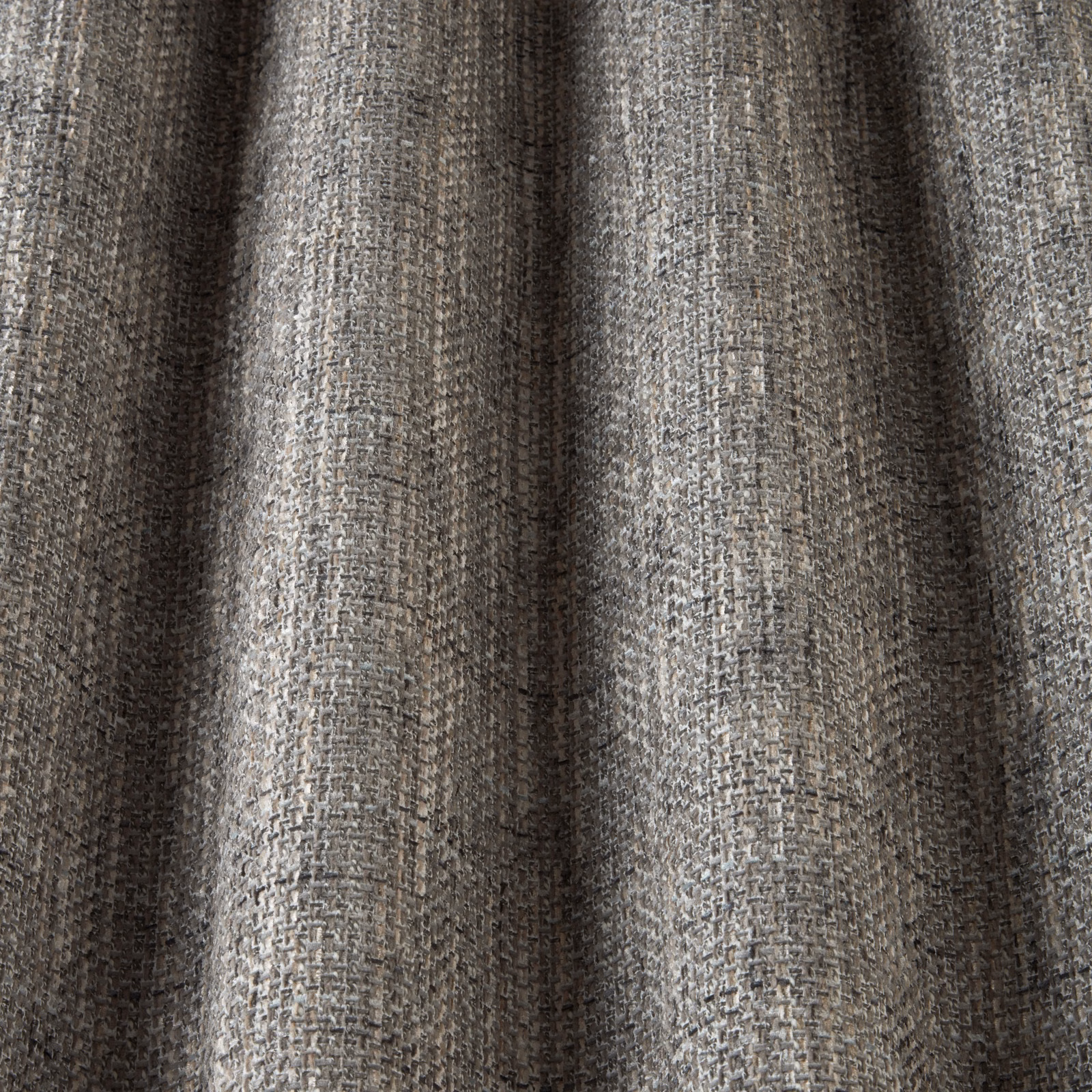Close-up of cool taupe woven fabric with subtle wavy texture and soft sheen