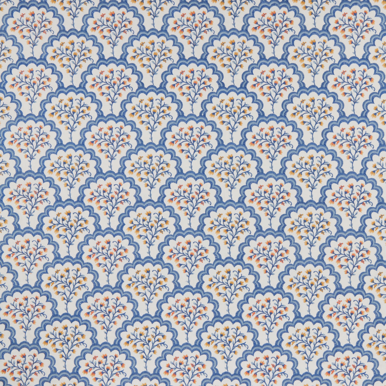 Blue scalloped floral repeat fabric with cream ground and embroidered detail