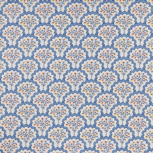 Blue scalloped floral repeat fabric with cream ground and embroidered detail