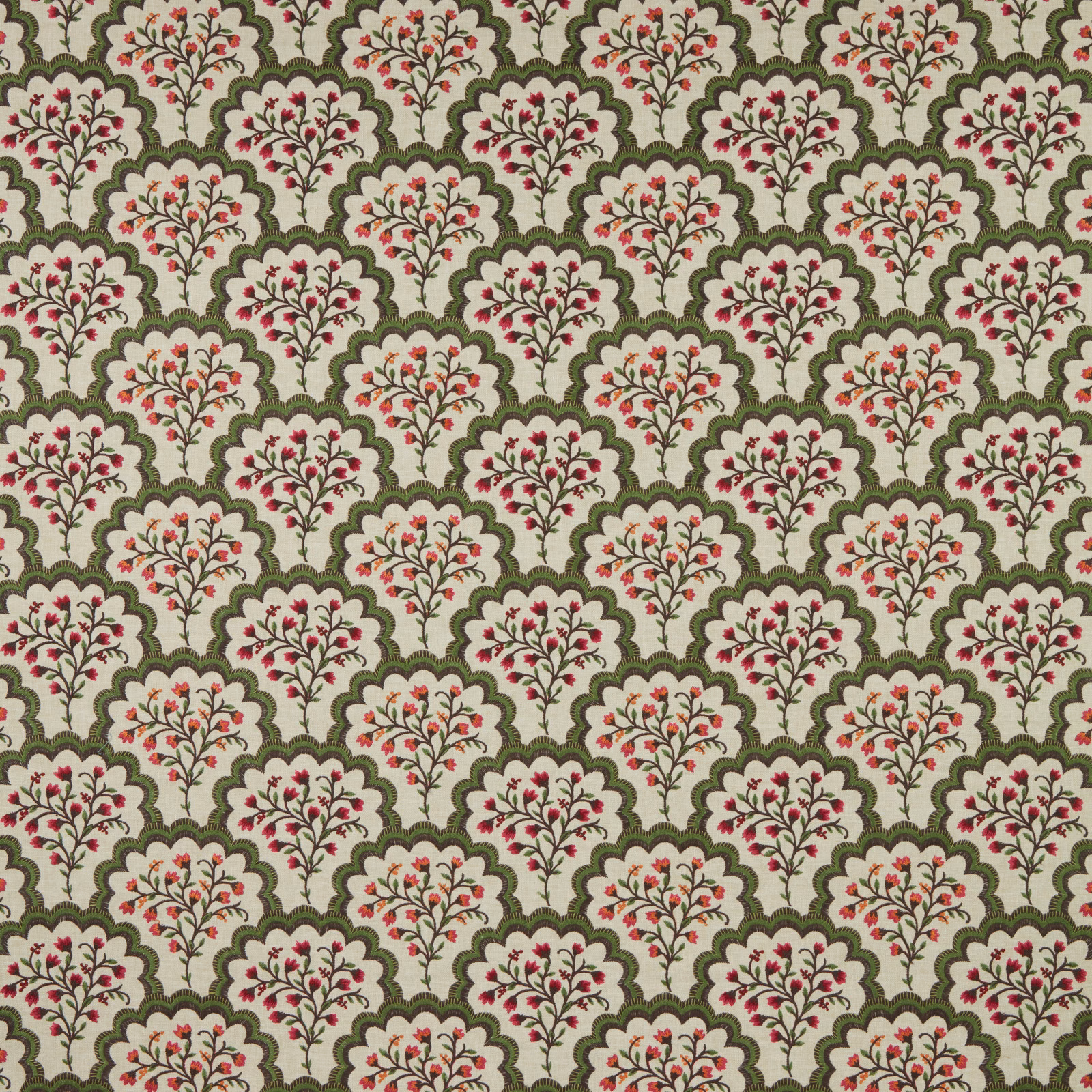 Repeated scalloped floral embroidery on a malachite green ground