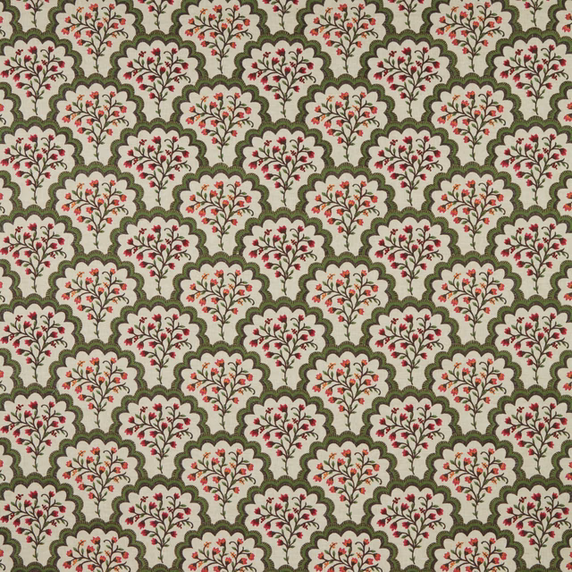 Repeated scalloped floral embroidery on a malachite green ground