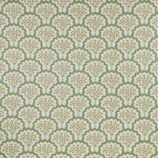Scalloped floral fabric in soft green, cream and pink embroidered detail