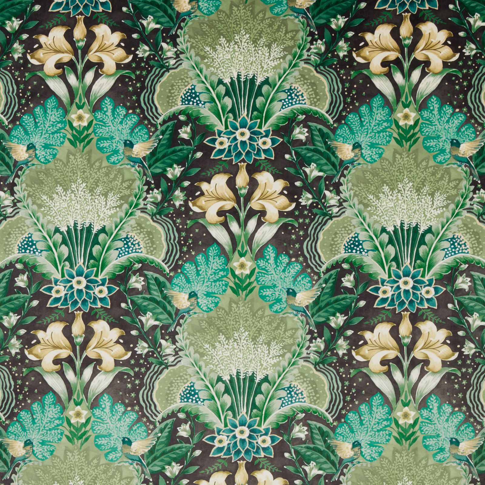 Large-scale green and cream floral print on a dark ground