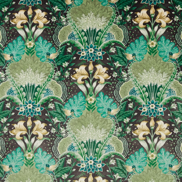 Large-scale green and cream floral print on a dark ground