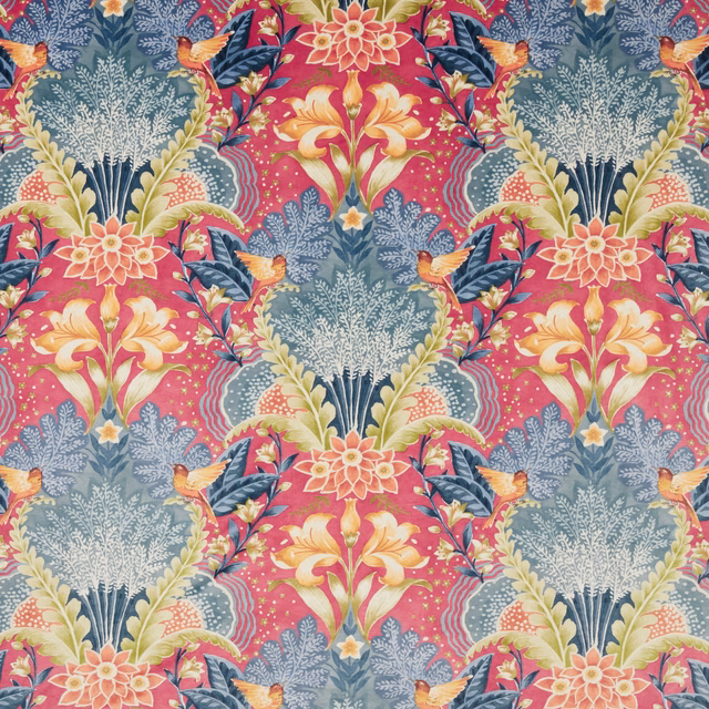 Hot pink floral and bird patterned fabric with teal foliage and coral accents