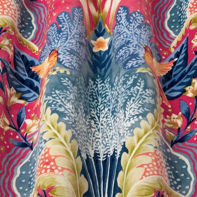 Hot pink Babooshka print with teal waves, navy leaves and bird motifs